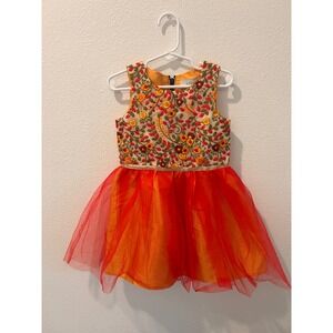 A.T.U.N. Kids Orange Red Floral Embroidered Tulle Party Dress Size 4-5Y